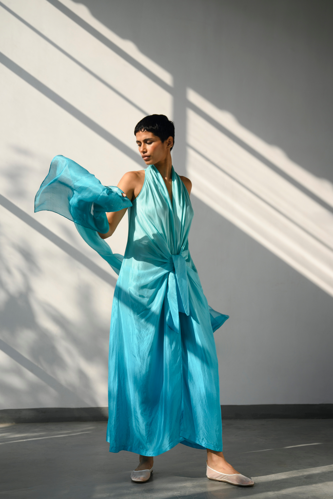 silk ombre dress Throwing Shade Ombre Satin Open-Back Maxi Dress Ocean Blue / S